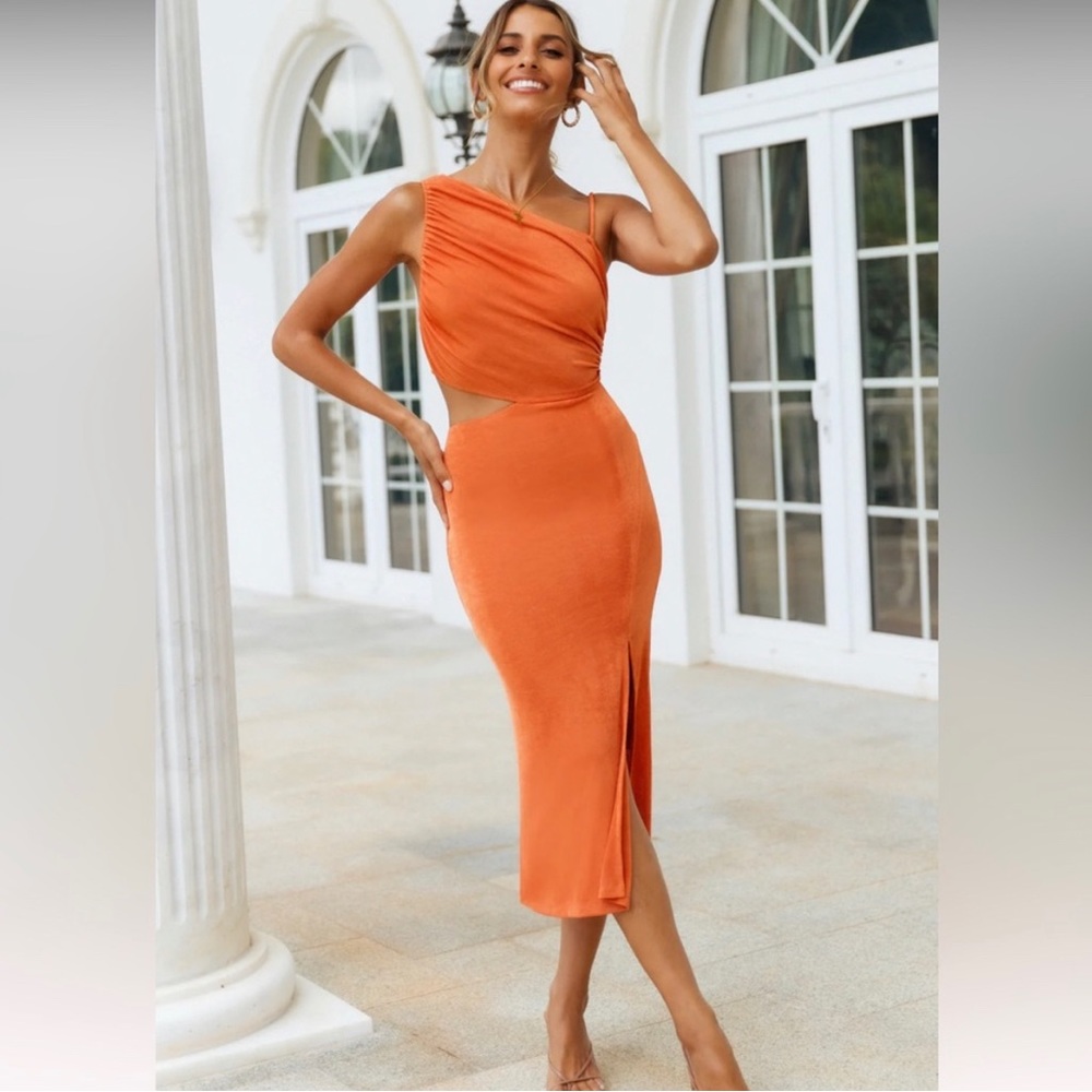 Hello Molly Orange Slinky Knit Cut Out Dress Large